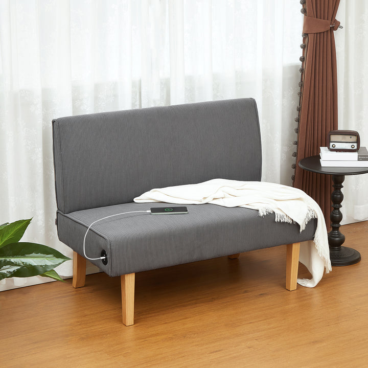 Sofá de 2 Lugares Estofado em Veludo Cotelê Sofá Sala de Estar sem Apoio para os Braços com 2 Entradas USB 1 Entrada Tipo C e Pés de Madeira Sofá Pequeno Carga 240 kg 110x60x85 cm Cinza