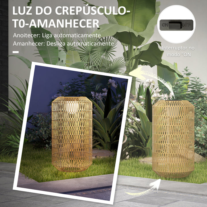 Candeeiro de Jardim em Vime Sintético Candeeiro Solar com Luzes LED Ligação e Desligação Automática Desenho Boémio Impermeável para Exterior Pátio Ø30x55 cm Madeira