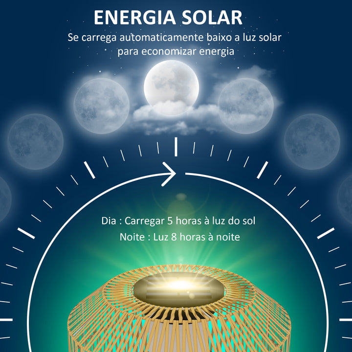 Candeeiro de Jardim em Vime Sintético Candeeiro Solar com Luzes LED Ligação e Desligação Automática Desenho Boémio Impermeável para Exterior Pátio Ø30x55 cm Madeira