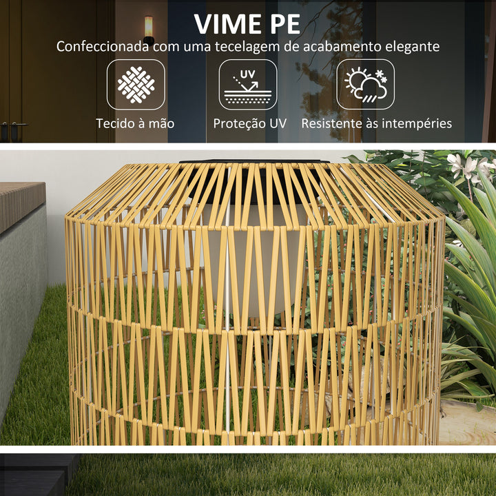 Candeeiro de Jardim em Vime Sintético Candeeiro Solar com Luzes LED Ligação e Desligação Automática Desenho Boémio Impermeável para Exterior Pátio Ø30x55 cm Madeira