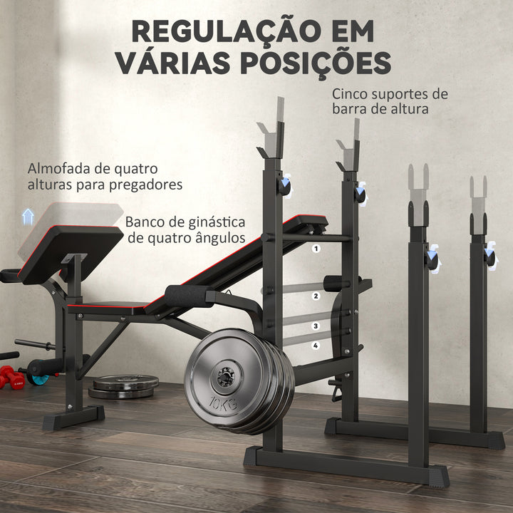 Banco de Musculação Banco Multifunções com Suportes para Barras e Encosto Ajustável para Treino Completo de Corpo em Casa Ginásio Preto