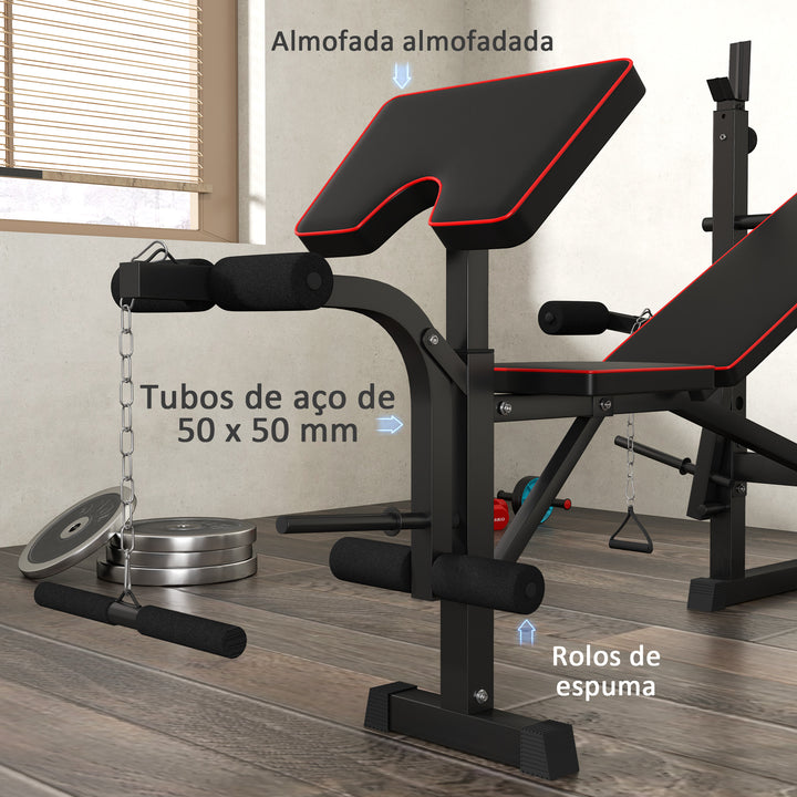 Banco de Musculação Banco Multifunções com Suportes para Barras e Encosto Ajustável para Treino Completo de Corpo em Casa Ginásio Preto