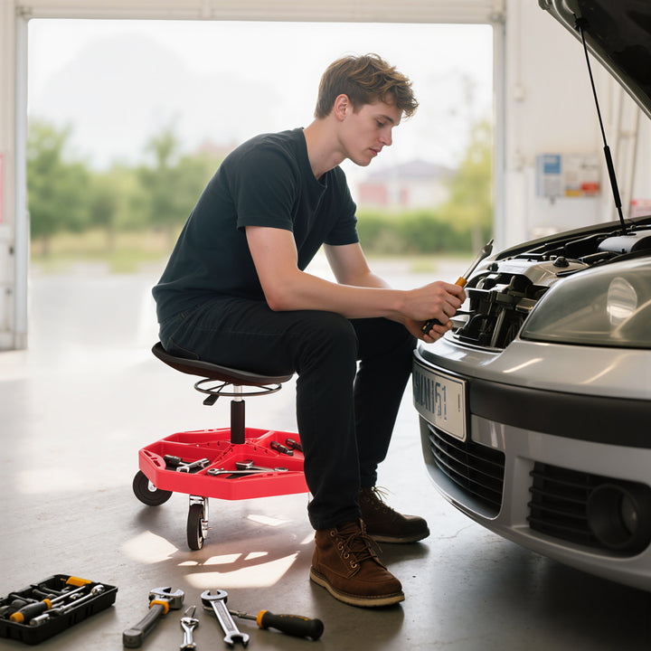 Banco de Oficina Móvel com Bandeja Magnética Altura Ajustável de 52–59,5 cm Carga 135 kg Banco para Mecânico com Rodas para Garagem Reparação de Automóveis Vermelho
