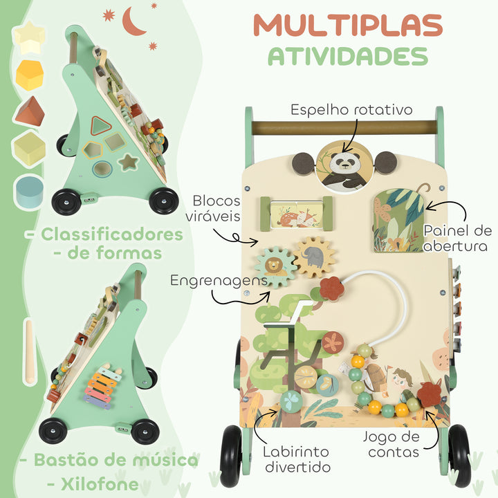 Andador de Madeira para Bebé Centro de Atividades de Aprendizagem Montessori com Controlo de Velocidade com Xilofone Engrenagens Labirinto Contas para Crianças a partir de 18 Meses 33,5x36x46,8 cm Verde