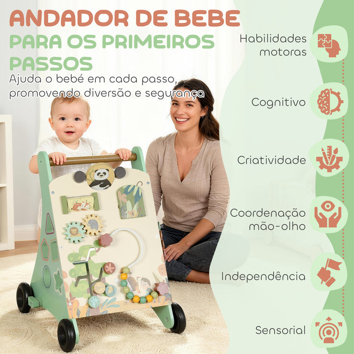 Andador de Madeira para Bebé Centro de Atividades de Aprendizagem Montessori com Controlo de Velocidade com Xilofone Engrenagens Labirinto Contas para Crianças a partir de 18 Meses 33,5x36x46,8 cm Verde