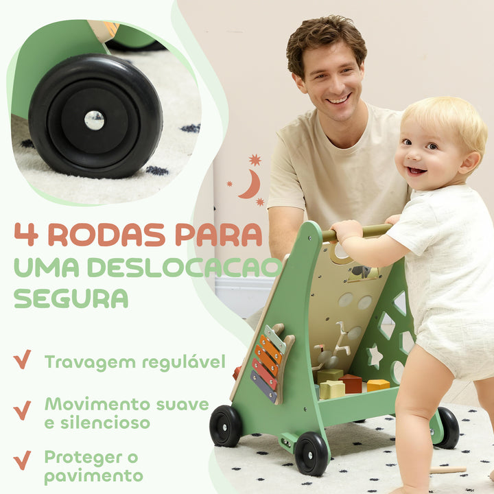 Andador de Madeira para Bebé Centro de Atividades de Aprendizagem Montessori com Controlo de Velocidade com Xilofone Engrenagens Labirinto Contas para Crianças a partir de 18 Meses 33,5x36x46,8 cm Verde