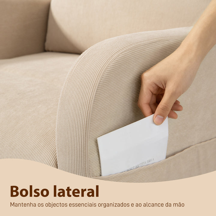 Cadeira de Baloiço de Veludo com Encosto Alto Pés de Madeira de Seringueira Bolsos Apoios de Braços Estilo Moderno Cadeira de Amamentação Capacidade 120 kg 67x94x105 cm Bege