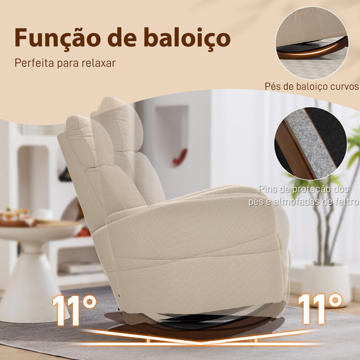 Cadeira de Baloiço de Veludo com Encosto Alto Pés de Madeira de Seringueira Bolsos Apoios de Braços Estilo Moderno Cadeira de Amamentação Capacidade 120 kg 67x94x105 cm Bege
