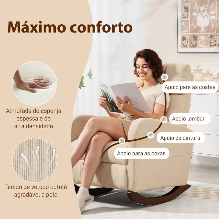 Cadeira de Baloiço de Veludo com Encosto Alto Pés de Madeira de Seringueira Bolsos Apoios de Braços Estilo Moderno Cadeira de Amamentação Capacidade 120 kg 67x94x105 cm Bege