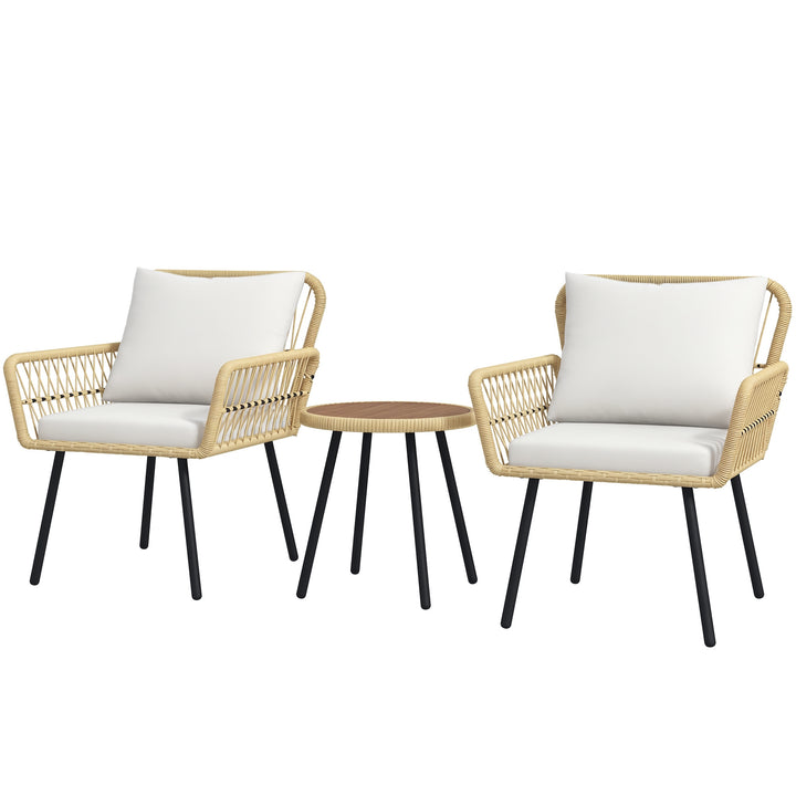 Conjunto de Mesa e Poltronas para Jardim Exterior Jogo de 3 Peças de Vime com 2 Poltronas 1 Mesa de Centro Redonda e Almofadas para Terraço Varanda Natural