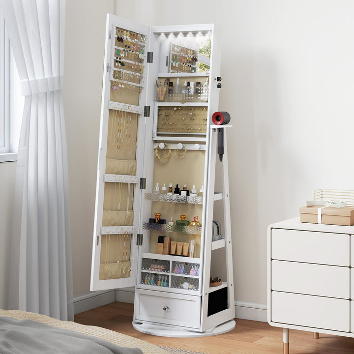 Espelho de Pé Giratório 360° com Espelho com Interior Iluminado Organizador de Jóias com Espelho de Corpo Inteiro Prateleiras e Gavetas para Quarto ou Closet 56x56x164 cm Madeira