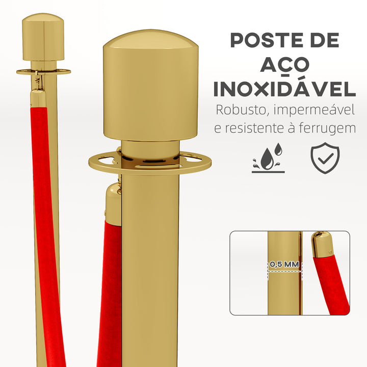 Conjunto de 2 Postes Separadores em Aço Inoxidável Barreiras de Segurança com Corda de Veludo Vermelho de 1,5 m e Base Preenchível com Água, para Teatro Festa Casamento Dourado
