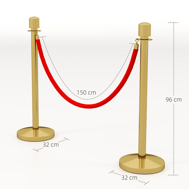 Conjunto de 2 Postes Separadores em Aço Inoxidável Barreiras de Segurança com Corda de Veludo Vermelho de 1,5 m e Base Preenchível com Água, para Teatro Festa Casamento Dourado
