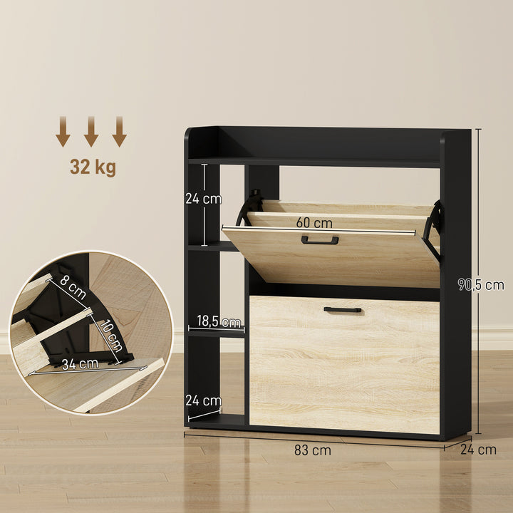 Sapateira Estreita 2 Portas Sapateira para Entrada Corredor com 3 Prateleiras Laterais e Prateleiras Ajustáveis para 15 Pares de Sapatos Para Corredor Espaço Reduzido 83x24x90,5 cm Madeira e Preto