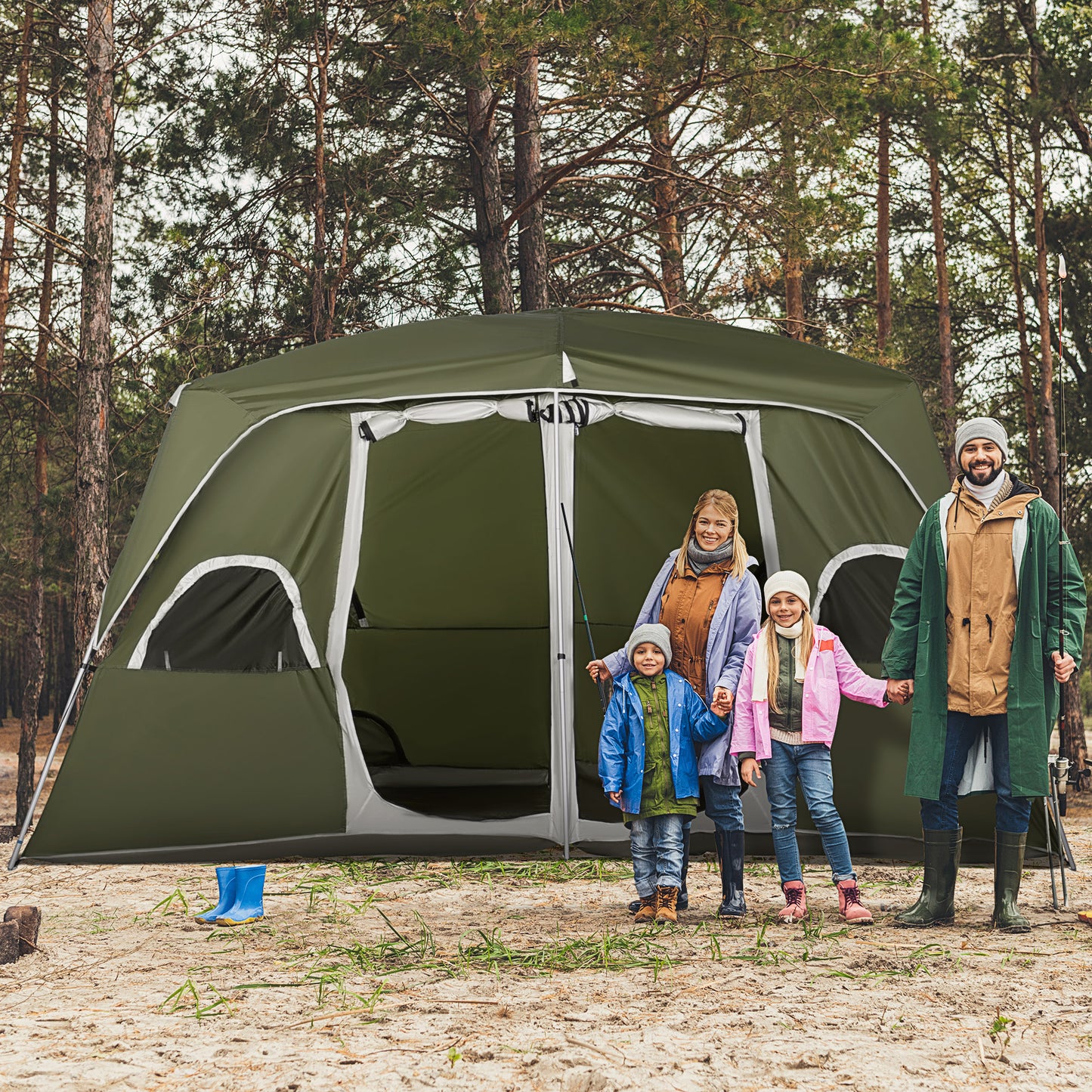 Tenda de Campismo Familiar para 4-8 Pessoas com 2 Quartos Tenda de Campismo Grande com 2 Bolsos e Janelas com Malha Impermeável 400x275x210 cm Verde