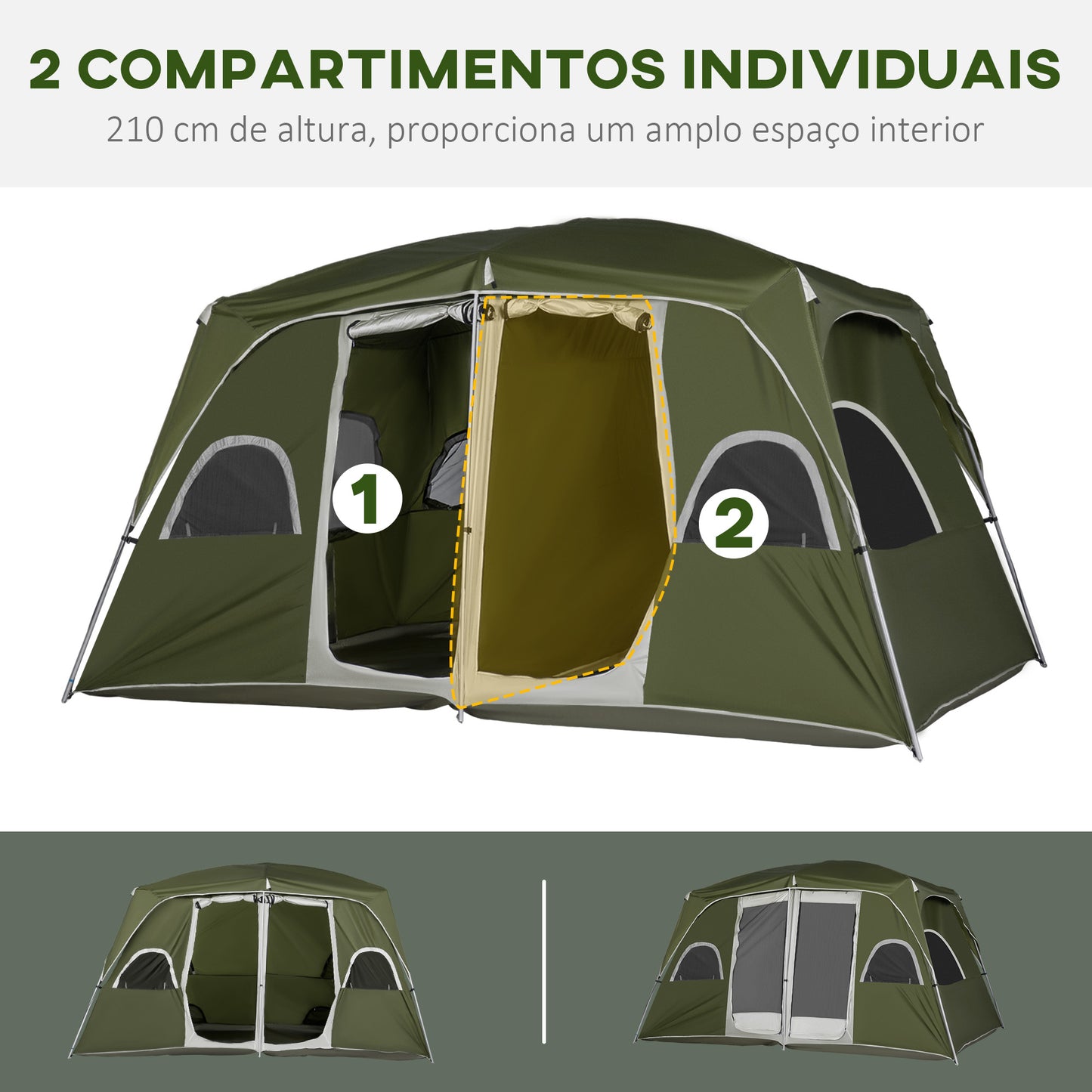 Tenda de Campismo Familiar para 4-8 Pessoas com 2 Quartos Tenda de Campismo Grande com 2 Bolsos e Janelas com Malha Impermeável 400x275x210 cm Verde