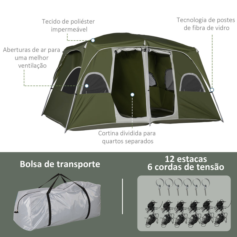 Tenda de Campismo Familiar para 4-8 Pessoas com 2 Quartos Tenda de Campismo Grande com 2 Bolsos e Janelas com Malha Impermeável 400x275x210 cm Verde