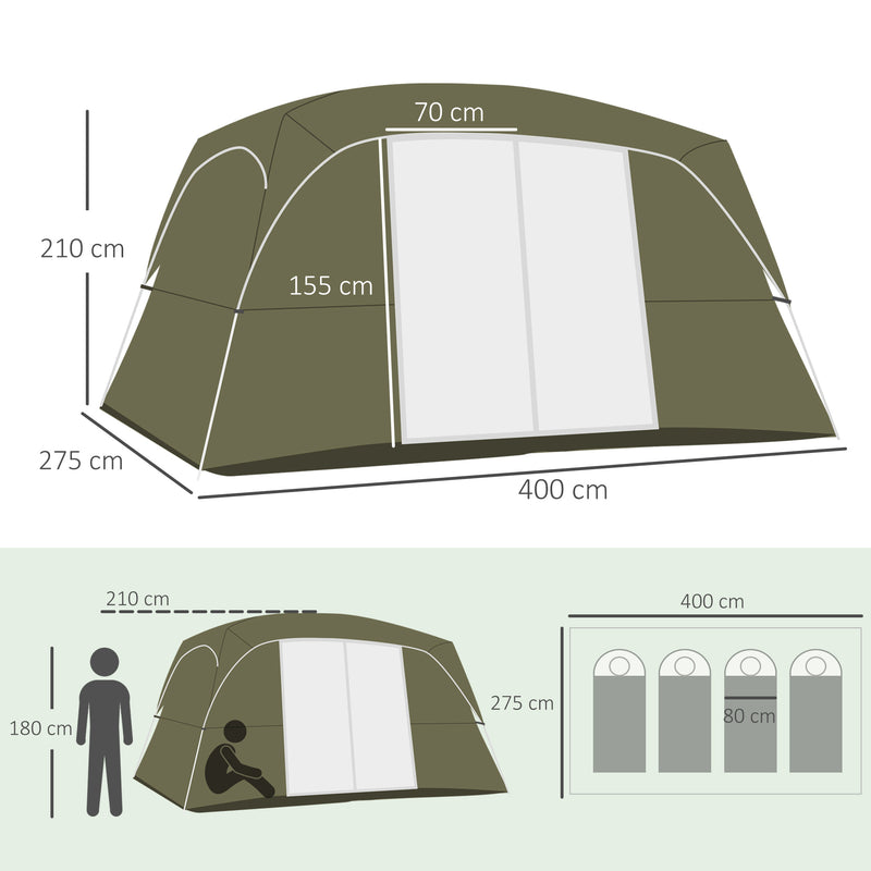 Tenda de Campismo Familiar para 4-8 Pessoas com 2 Quartos Tenda de Campismo Grande com 2 Bolsos e Janelas com Malha Impermeável 400x275x210 cm Verde