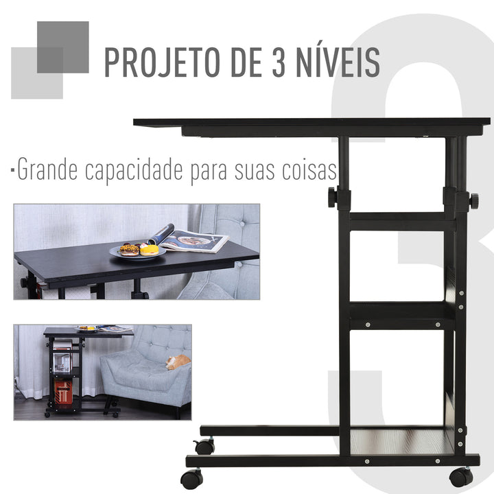 Mesa Lateral para Sofá Mesa lateral em Forma de C com 4 rodas Giratórias Freios Altura Ajustável 3 níveis Estrutura Metálica 80x40x72-82cm Preto