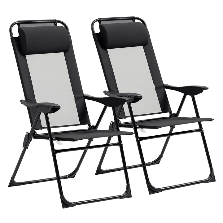 2 Piece Folding Patio Chairs Set, Camping Chair Set of 2 with Adjustable Sling Back, Removable Headrest, Armrest for Garden, Backyard, Lawn, Black