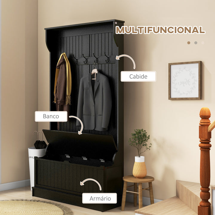 Móvel Cabide de Entrada com Banco Armário de Entrada com Cabide 5 Ganchos e Espaço de Armazenamento 96x34x179,7 cm Preto