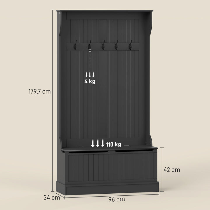 Móvel Cabide de Entrada com Banco Armário de Entrada com Cabide 5 Ganchos e Espaço de Armazenamento 96x34x179,7 cm Preto