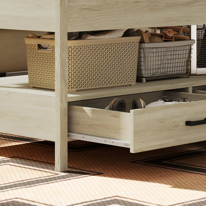 Mesa de Centro Elevável Mesa de Centro com Bancada Elevável Espaço Oculto de Armazenamento Gavetas e Prateleira Aberta 100x50x48-62 cm Carvalho