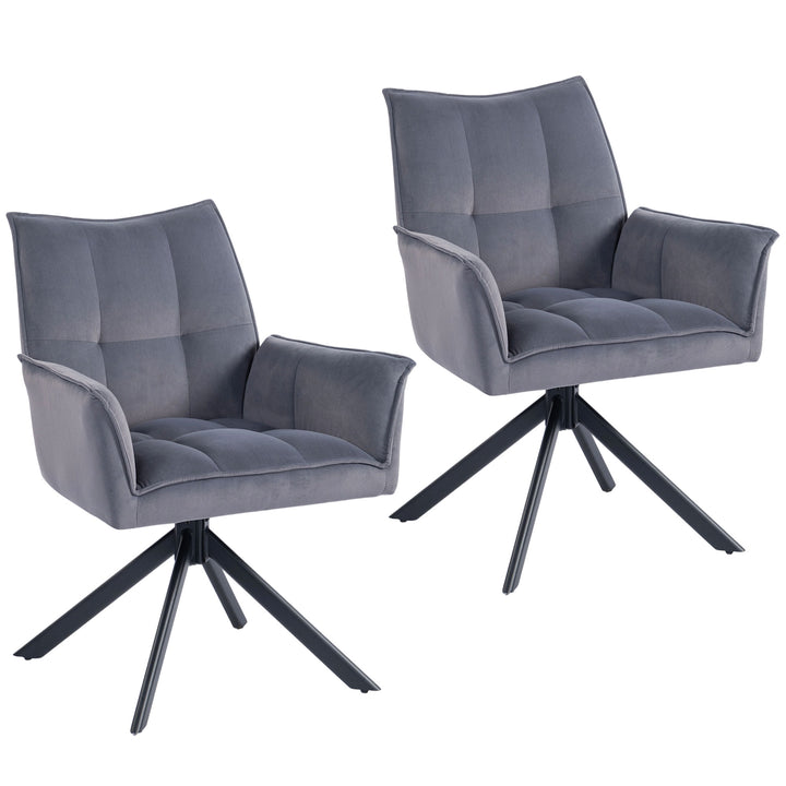 Conjunto de 2 Cadeiras de Refeição Giratórias 360° Cadeiras de Cozinha com Apoio de Braços Encosto Estofado Estofamento em Veludo Pés em Aço para Escritório Conferência Sala de Estar 63x64x85 cm Cinza