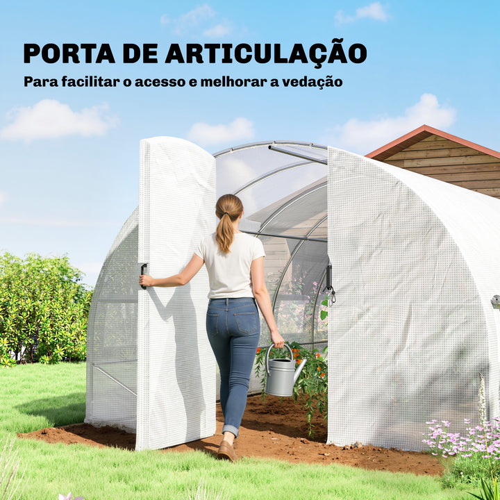 Estufa de Exterior 6x3x2 m Túnel de Cultivo com Porta de Dobradiças Janelas com Rede Cobertura de PE 140g/m² e Estrutura de Aço Galvanizado Anti-UV Impermeável para Cultivo Branco