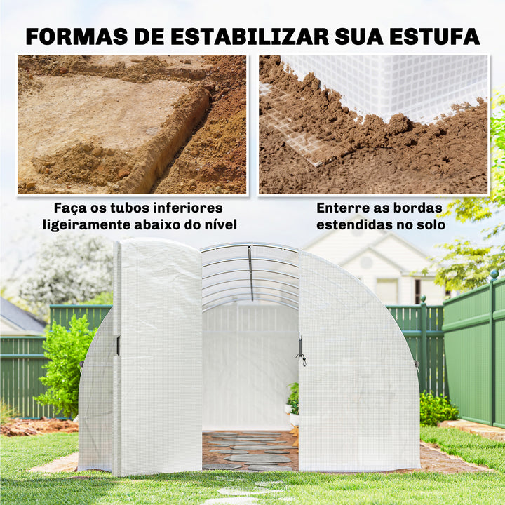 Estufa de Exterior 6x3x2 m Túnel de Cultivo com Porta de Dobradiças Janelas com Rede Cobertura de PE 140g/m² e Estrutura de Aço Galvanizado Anti-UV Impermeável para Cultivo Branco