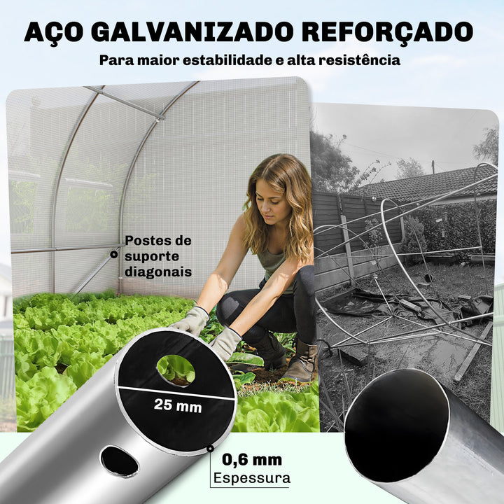 Estufa de Exterior 6x3x2 m Túnel de Cultivo com Porta de Dobradiças Janelas com Rede Cobertura de PE 140g/m² e Estrutura de Aço Galvanizado Anti-UV Impermeável para Cultivo Branco