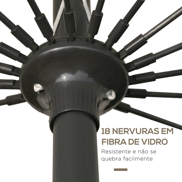 Chapéu de Sol de Jardim Ø2,5x2,4 m Chapéu de Sol de Terraço com Manivela Manual Mastro Flexível Impermeável e 18 Varas para Exterior Cinza