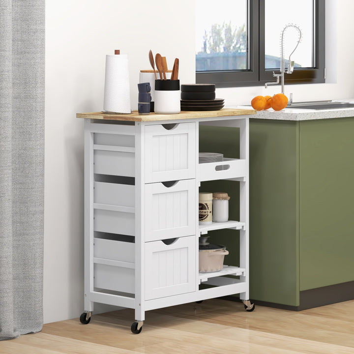 Carrinho de Cozinha com Rodas Carrinho de Serviço Multiuso com 3 Gavetas 2 Prateleiras Abertas e Bandeja para Sala de Jantar Sala de Estar 67x37x85,5cm Branco