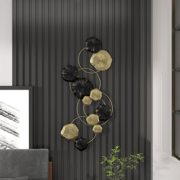 Decoração de Parede em Metal com Forma de Flor de Lótus Adorno para Sala Moderna Escultura de Parede para Decoração de Casa Quarto, Escritório 84x35 cm Dourado e Preto