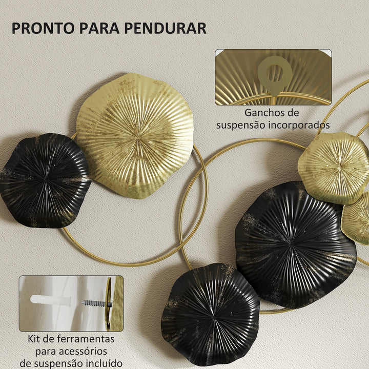 Decoração de Parede em Metal com Forma de Flor de Lótus Adorno para Sala Moderna Escultura de Parede para Decoração de Casa Quarto, Escritório 84x35 cm Dourado e Preto