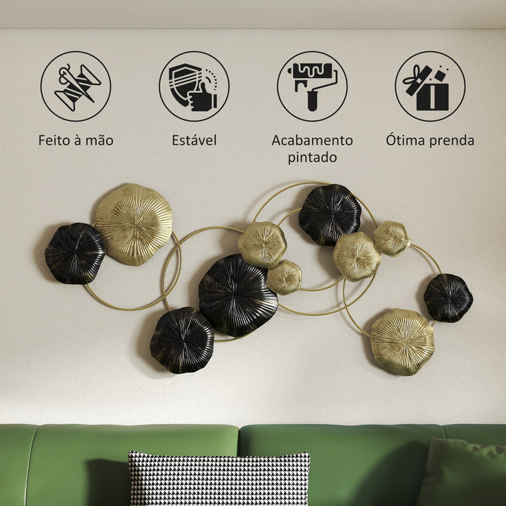 Decoração de Parede em Metal com Forma de Flor de Lótus Adorno para Sala Moderna Escultura de Parede para Decoração de Casa Quarto, Escritório 84x35 cm Dourado e Preto
