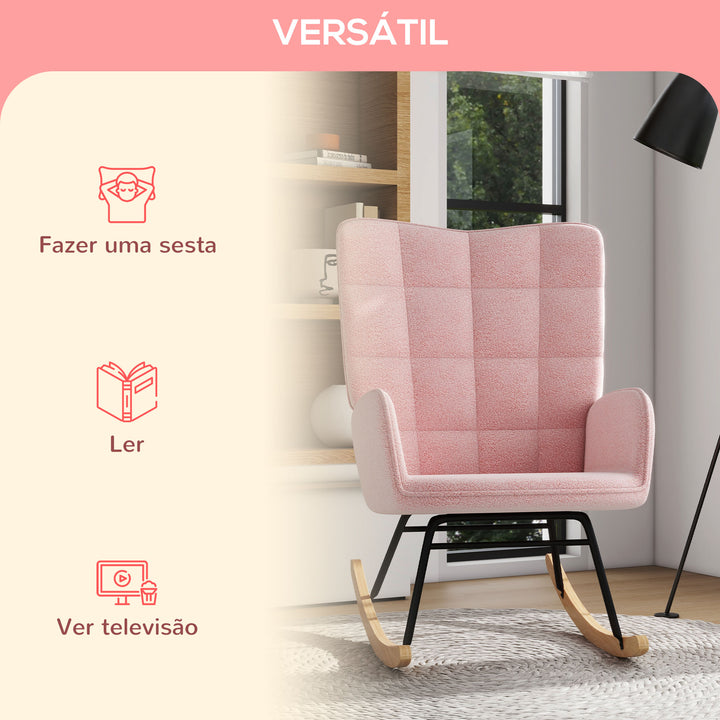 Poltrona Baloiço em Borrego Poltrona de Sala de Estar Oscilação de 40° com Pés de Madeira de Faia e Estrutura de Aço para Dormitório Carga Máxima 120 kg 71x92x101 cm Rosa