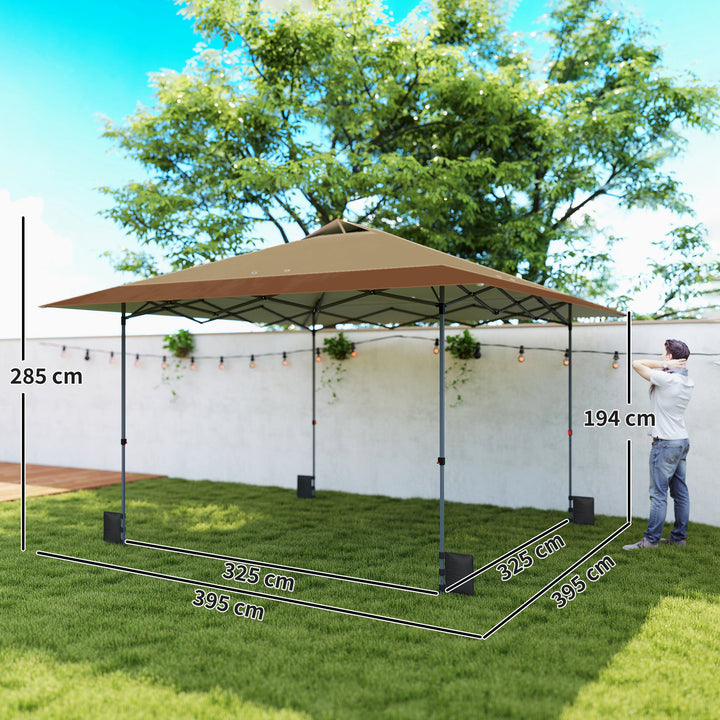 Tenda Dobrável Pop-up Gazebo 4x4 m com Bloqueio Central, UPF50+, Altura Ajustável, 4 Sacos de Areia e Bolsa de Transporte com Rodas, para Camping, Festas, Bege e Castanho