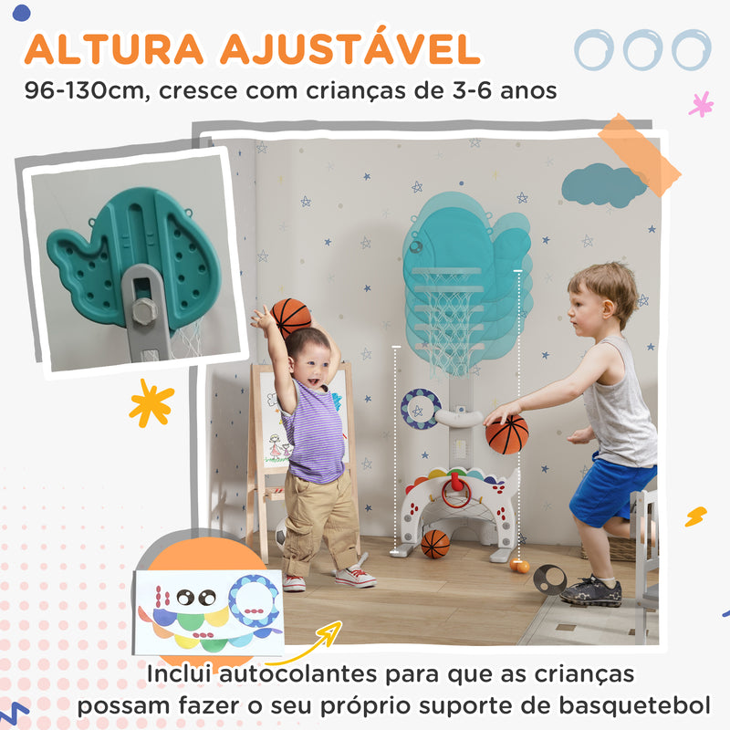 Cesta de Basquetebol Infantil 5 em 1 Cesta de Basquetebol para Crianças com Altura Ajustável com Tema Peixe Dourado Futebol Golf Jogo de Lançamento de Bola para Interior Multicolorido