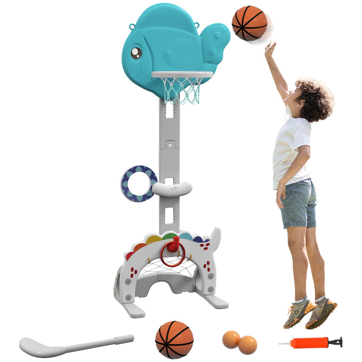 Cesta de Basquetebol Infantil 5 em 1 Cesta de Basquetebol para Crianças com Altura Ajustável com Tema Peixe Dourado Futebol Golf Jogo de Lançamento de Bola para Interior Multicolorido