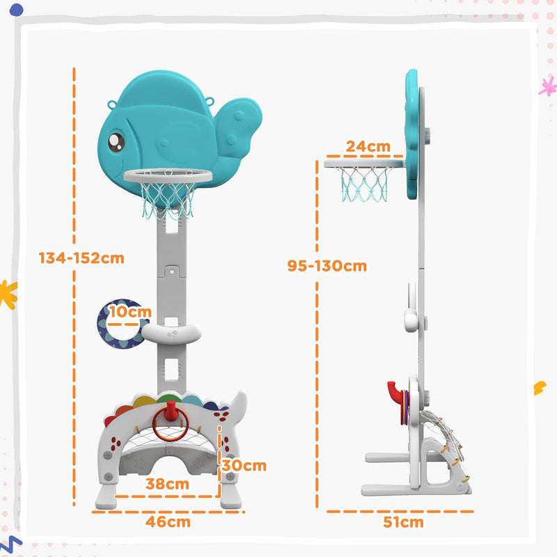 Cesta de Basquetebol Infantil 5 em 1 Cesta de Basquetebol para Crianças com Altura Ajustável com Tema Peixe Dourado Futebol Golf Jogo de Lançamento de Bola para Interior Multicolorido