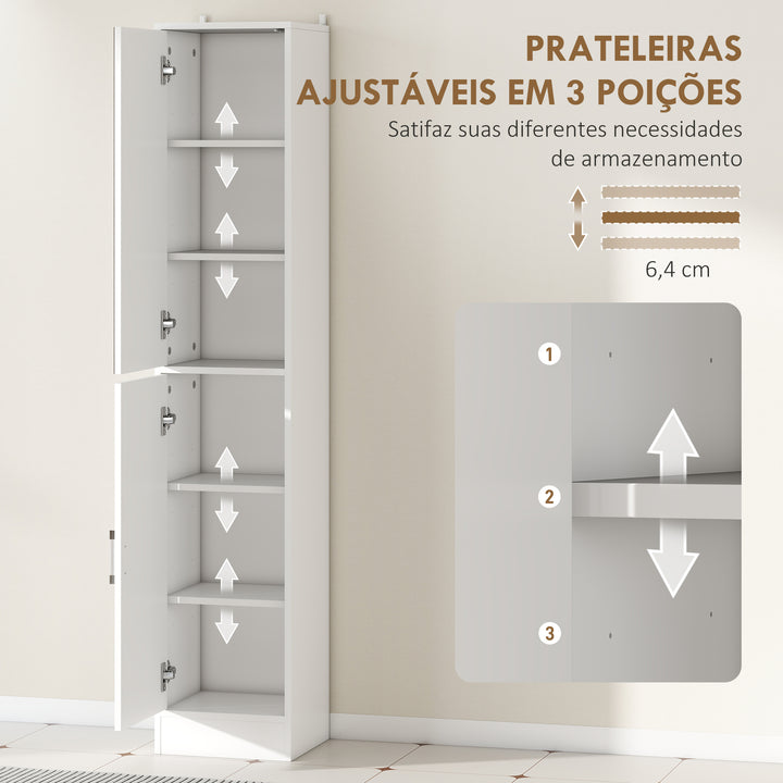 Coluna Casa de Banho com Espelho Móvel Alto Casa de Banho com 2 Portas e Prateleiras Interiores Ajustáveis Multiúso para Cozinha Sala de Estar 32x28x162cm Branco
