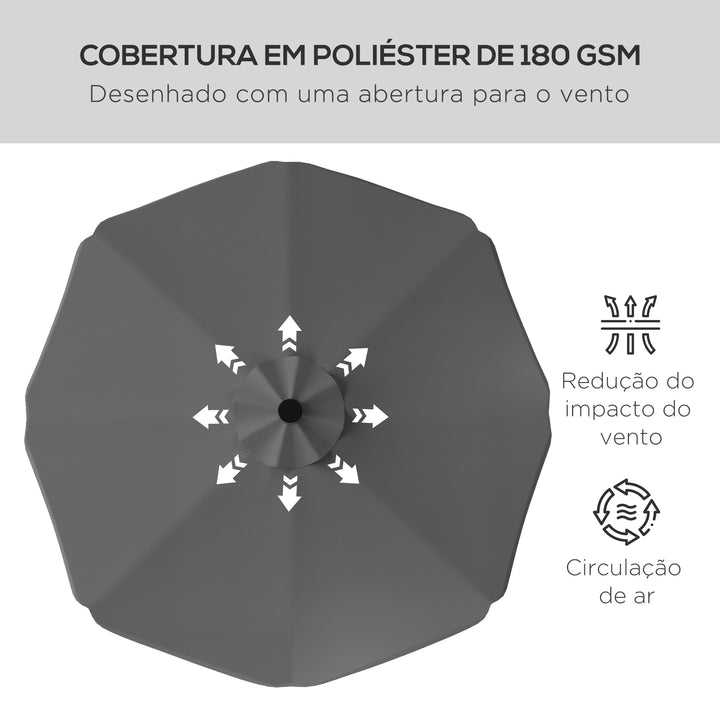 Chapéu de Sol de Jardim Ø292x248 cm Chapéu de Sol com Manivela 32 Luzes LED Solares e 8 Hastes para Pátio Varanda Exterior Cinza Escuro