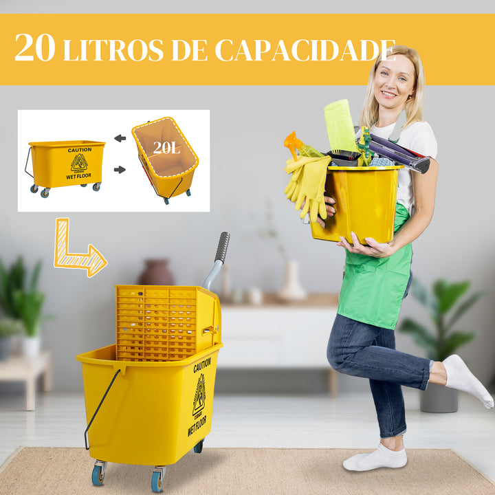 Balde de Limpeza com Esfregona e Rodas Capacidade de 20 L Balde de Limpeza com Sistema de Escurridor de Esfregona e Pega de Transporte para Doméstico e Comercial 45x26,5x70 cm Amarelo