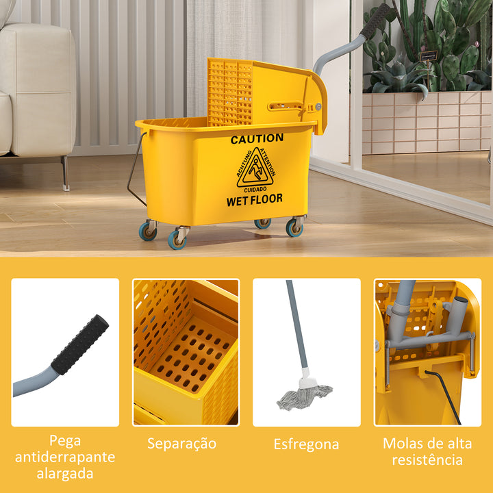 Balde de Limpeza com Esfregona e Rodas Capacidade de 20 L Balde de Limpeza com Sistema de Escurridor de Esfregona e Pega de Transporte para Doméstico e Comercial 45x26,5x70 cm Amarelo