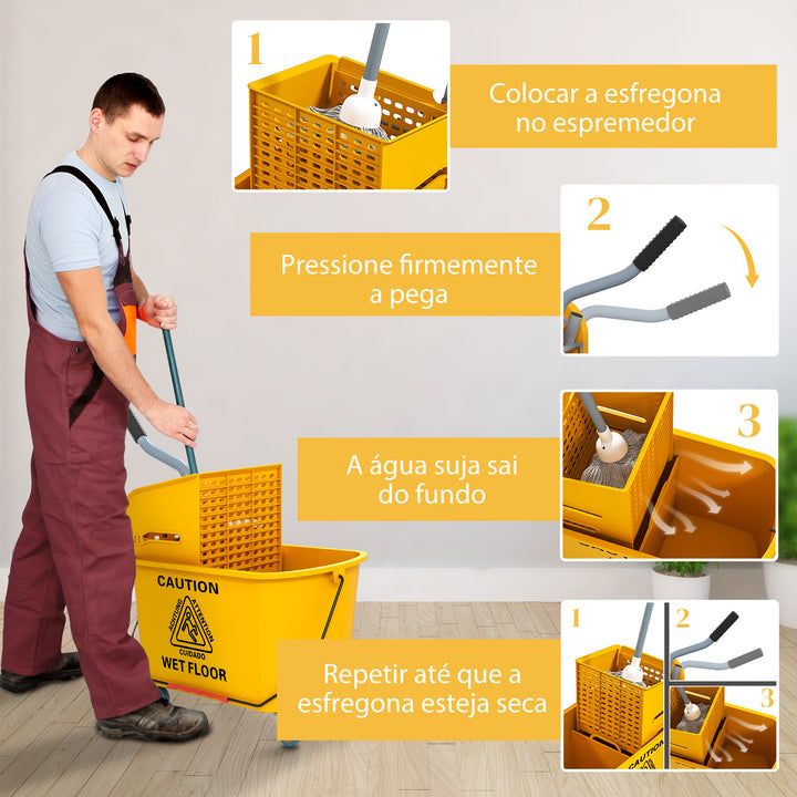 Balde de Limpeza com Esfregona e Rodas Capacidade de 20 L Balde de Limpeza com Sistema de Escurridor de Esfregona e Pega de Transporte para Doméstico e Comercial 45x26,5x70 cm Amarelo