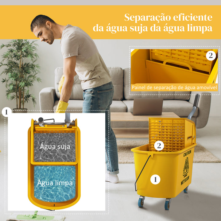 Balde de Limpeza com Esfregona e Rodas Capacidade de 20 L Balde de Limpeza com Sistema de Escurridor de Esfregona e Pega de Transporte para Doméstico e Comercial 45x26,5x70 cm Amarelo
