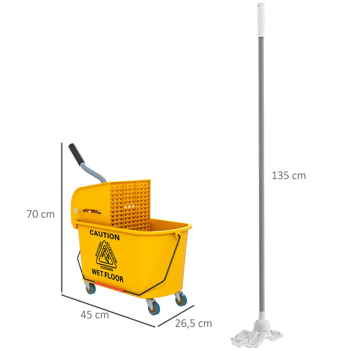 Balde de Limpeza com Esfregona e Rodas Capacidade de 20 L Balde de Limpeza com Sistema de Escurridor de Esfregona e Pega de Transporte para Doméstico e Comercial 45x26,5x70 cm Amarelo