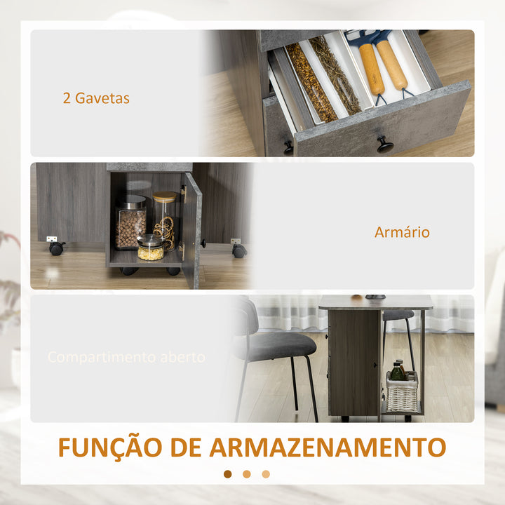 Mesa de Refeição Dobrável com Rodas Mesa Abatível com 2 Gavetas e Armário Mesa Auxiliar Multifuncional para Estúdio Cozinha 120x60x76,5 cm Cinza