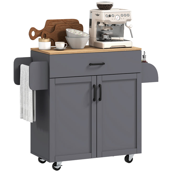 Ilha de Cozinha com 1 Gaveta 2 Portas Suporte para Panos e Especies Carrinho Auxiliar com Rodas para Sala de Jantar Carga Máxima 105x36x85 cm Cinza